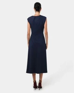 Forcast Adele Pleated Midi Dress Navy Clearance