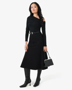 Forcast Adele Side Panel Midi Skirt Black New