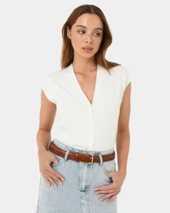 Forcast Alexandra Woven Leather Belt Tan