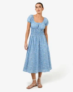 Forcast Alisa Shirred Midi Dress Blue Ditsy Discount