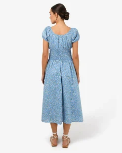 Forcast Alisa Shirred Midi Dress Blue Ditsy Discount