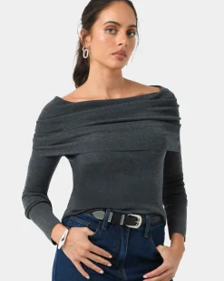 Forcast Ally Off Shoulder Knit Charcoal Grey Online