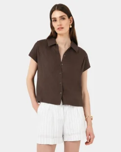 Forcast Ami Linen Collar Shirt Brown New