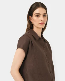 Forcast Ami Linen Collar Shirt Brown New