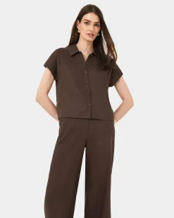 Forcast Ami Linen Collar Shirt Brown New