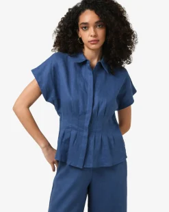 Forcast Ami Linen Pleated Tuck Shirt Egyptian Blue Clearance