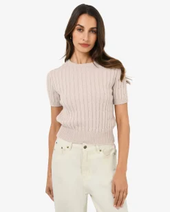 Forcast Anita Short Sleeve Cable Knit Light Taupe New