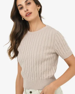Forcast Anita Short Sleeve Cable Knit Light Taupe New