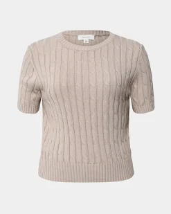 Forcast Anita Short Sleeve Cable Knit Light Taupe New