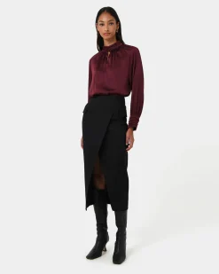 Forcast Anna Pleated Satin Blouse Wine New