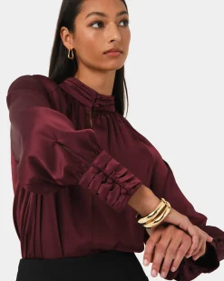 Forcast Anna Pleated Satin Blouse Wine New