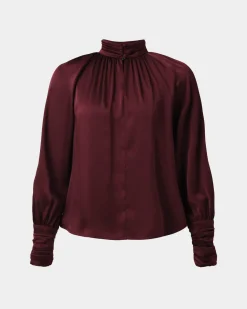 Forcast Anna Pleated Satin Blouse Wine New