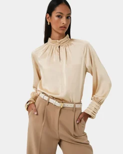 Forcast Anna Pleated Satin Blouse Champagne Outlet