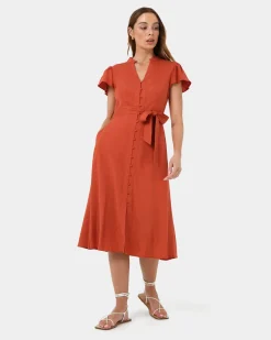 Forcast Anne Linen Midi Dress Burnt Orange Best