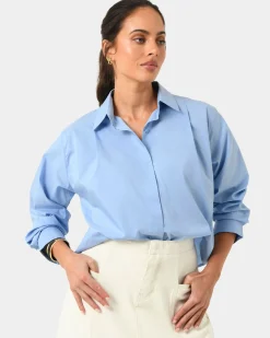 Forcast Baire Pleated Crop Shirt Blue Outlet