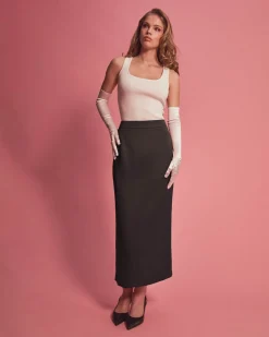 Forcast Bel Tailored Satin Midi Skirt Black New