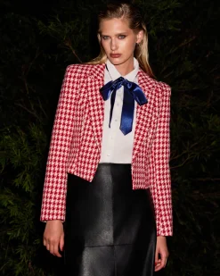 Forcast Bennet Houndstooth Crop Blazer Ivory & Red Sale