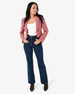 Forcast Bennet Houndstooth Crop Blazer Ivory & Red Sale