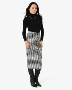 Forcast Bennet Houndstooth Midi Skirt Black - Ivory