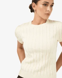 Forcast Berry Puff Sleeve Cable Knit Cream Clearance