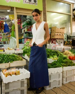 Forcast Bondi Denim Column Skirt Classic Blue Sale