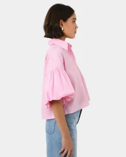 Forcast Cali Puff Sleeve Crop Shirt Pink Online