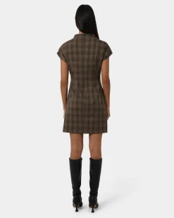 Forcast Candice Ruched Mini Dress Brown Checks Outlet