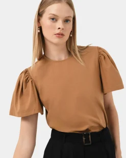 Forcast Cayla Gathered Sleeve Tee Camel Clearance