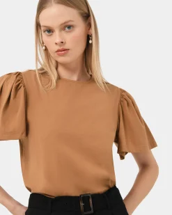 Forcast Cayla Gathered Sleeve Tee Camel Clearance
