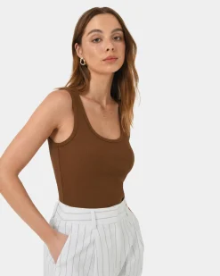 Forcast Devin Ribbed Singlet Top Brown