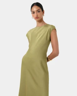 Forcast Dulce Satin Midi Dress Olive