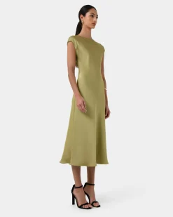 Forcast Dulce Satin Midi Dress Olive