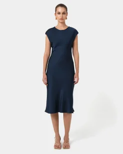 Forcast Dulce Satin Midi Dress Navy Outlet