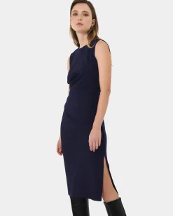 Forcast Faith Side Pleated Midi Dress Navy Sale