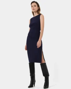Forcast Faith Side Pleated Midi Dress Navy Sale