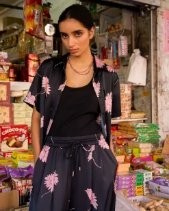 Forcast Felicia Floral Satin Shirt Black Pink Discount