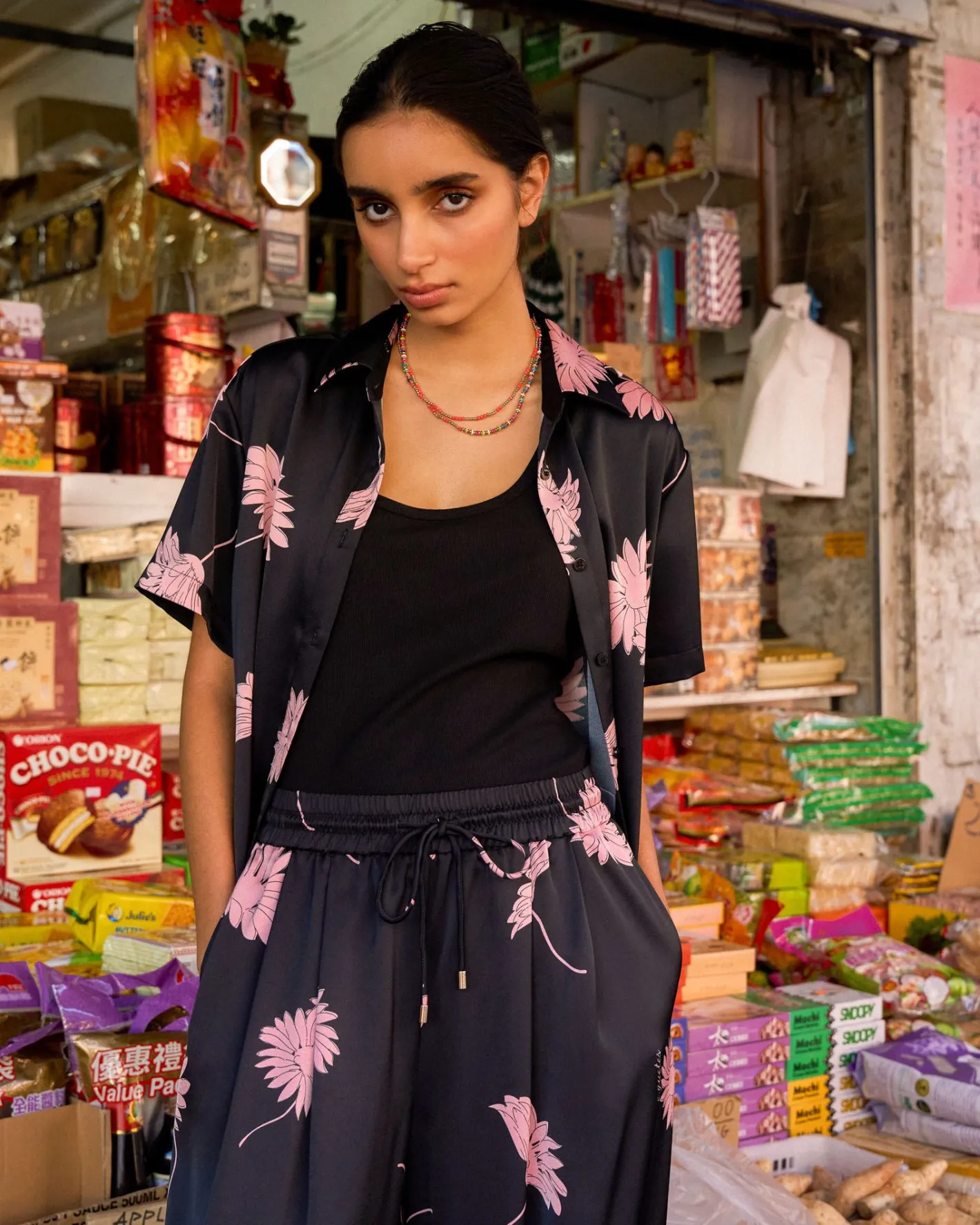 Forcast Felicia Floral Satin Shirt Black Pink Discount