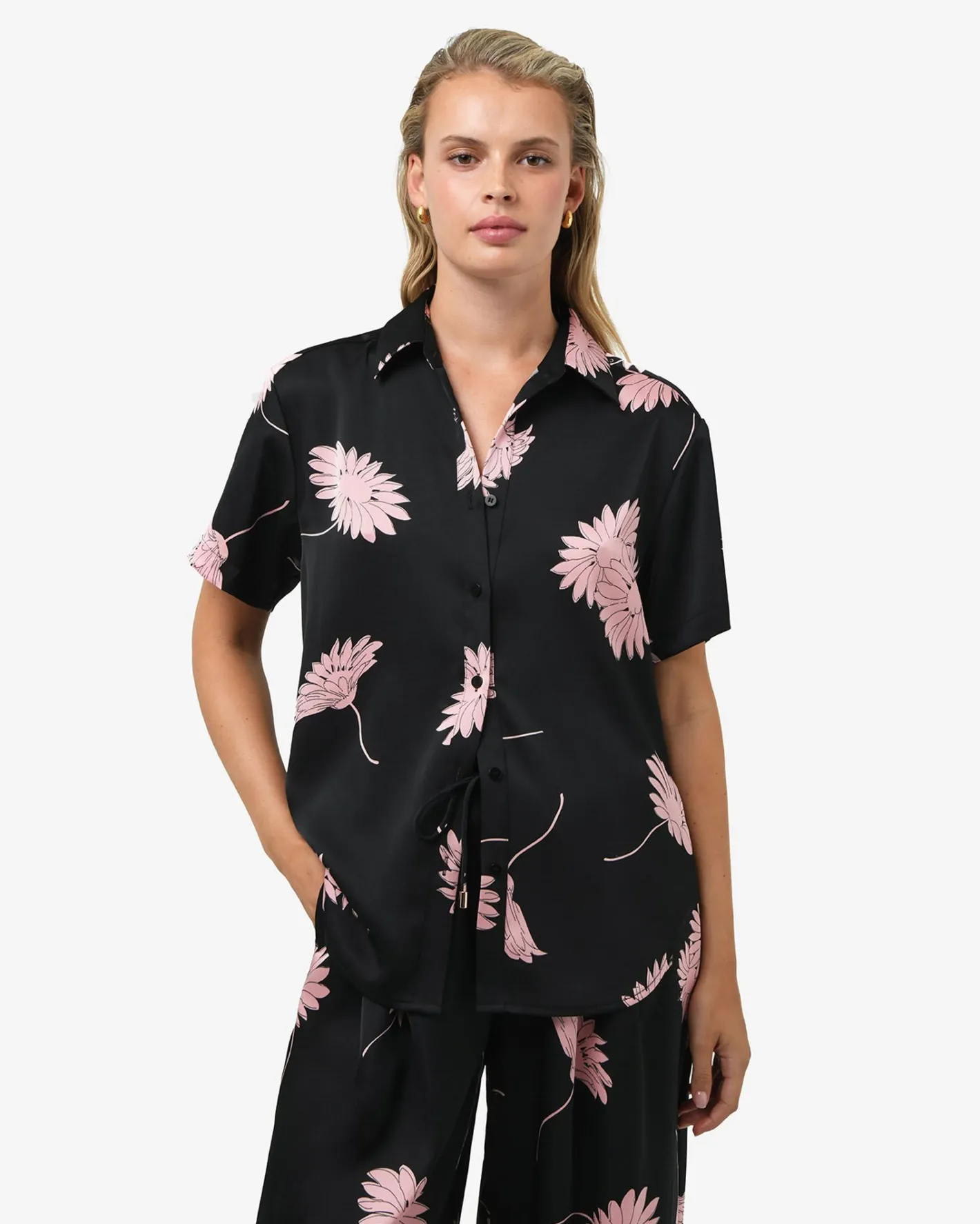 Forcast Felicia Floral Satin Shirt Black Pink Discount