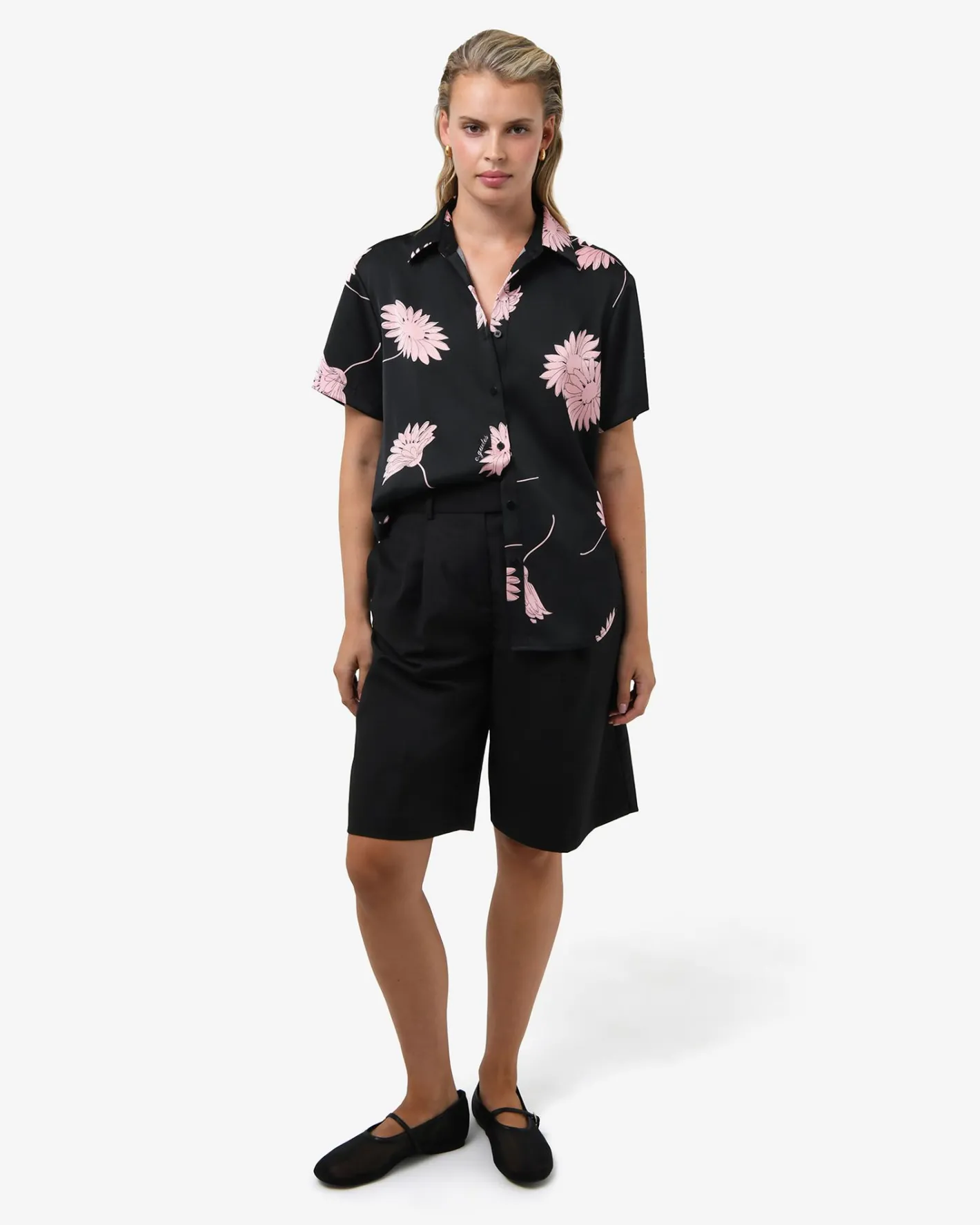 Forcast Felicia Floral Satin Shirt Black Pink Discount