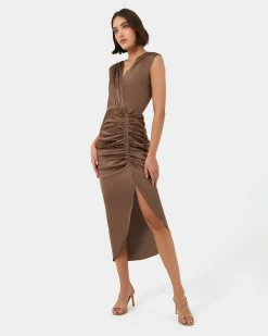 Forcast Hayden Side Ruched Dress Dark Camel Best