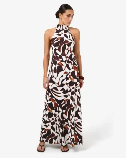 Forcast Hazel Printed Halter Dress Brown Retro Discount
