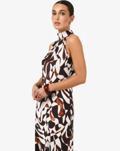 Forcast Hazel Printed Halter Dress Brown Retro Discount