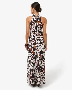 Forcast Hazel Printed Halter Dress Brown Retro Discount