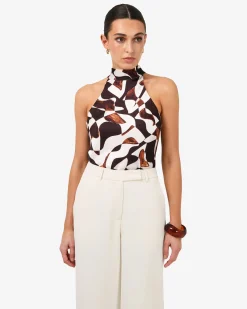 Forcast Hazel Printed Halter Neck Top Brown Retro Best