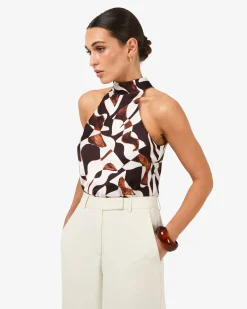 Forcast Hazel Printed Halter Neck Top Brown Retro Best