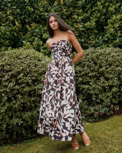 Forcast Hazel Printed Strapless Dress Brown Retro Best