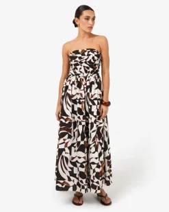 Forcast Hazel Printed Strapless Dress Brown Retro Best
