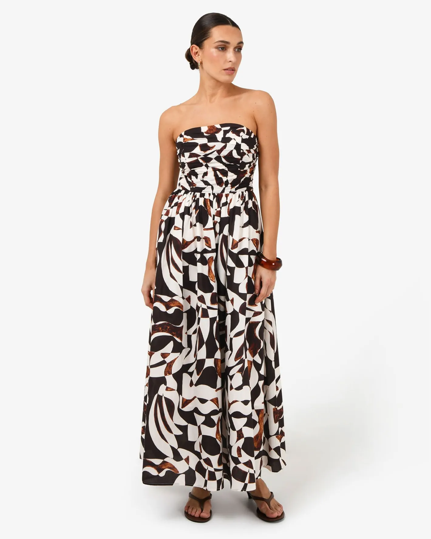 Forcast Hazel Printed Strapless Dress Brown Retro Best