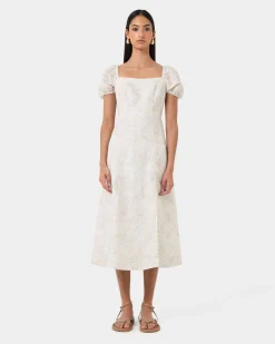 Forcast Hazy Linen Puff Sleeve Dress Summer Beige Discount