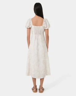 Forcast Hazy Linen Puff Sleeve Dress Summer Beige Discount